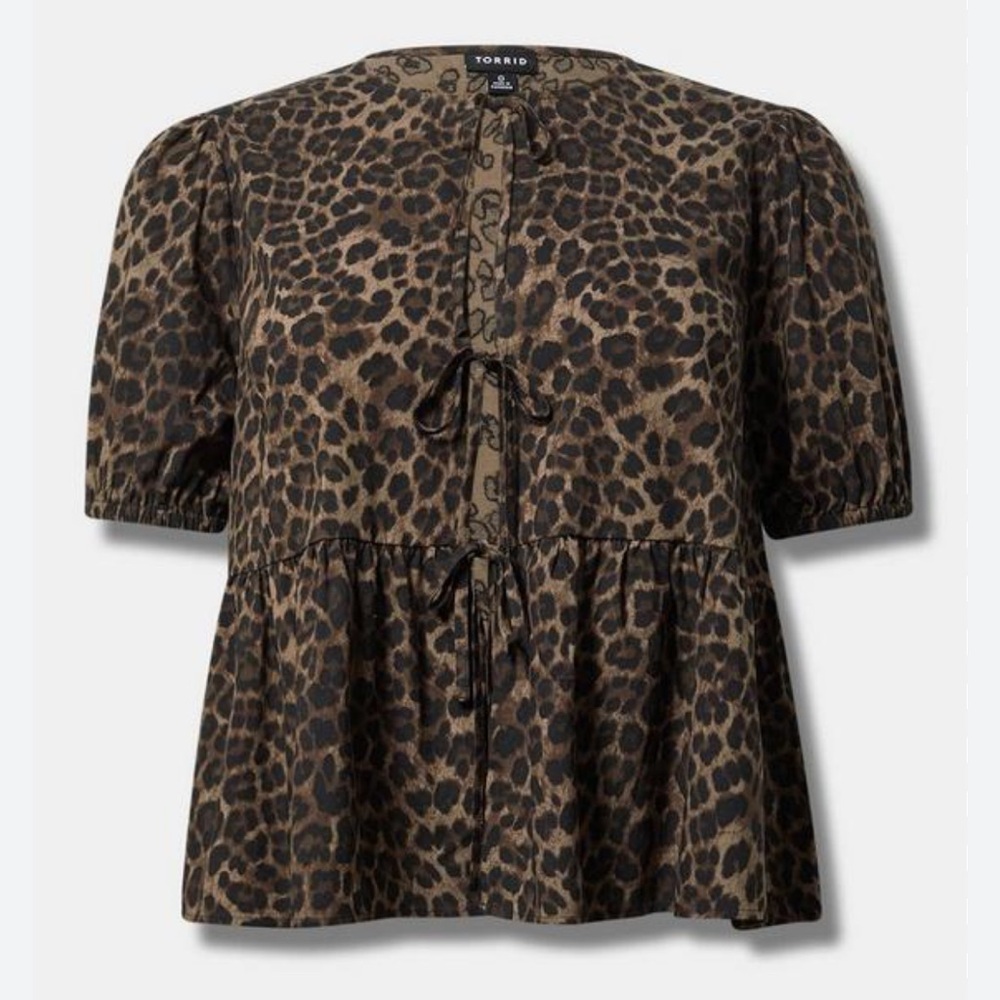Torrid Brown Leopard Tie-Front Puff Sleeve Blouse size 2 - Picture 3 of 10